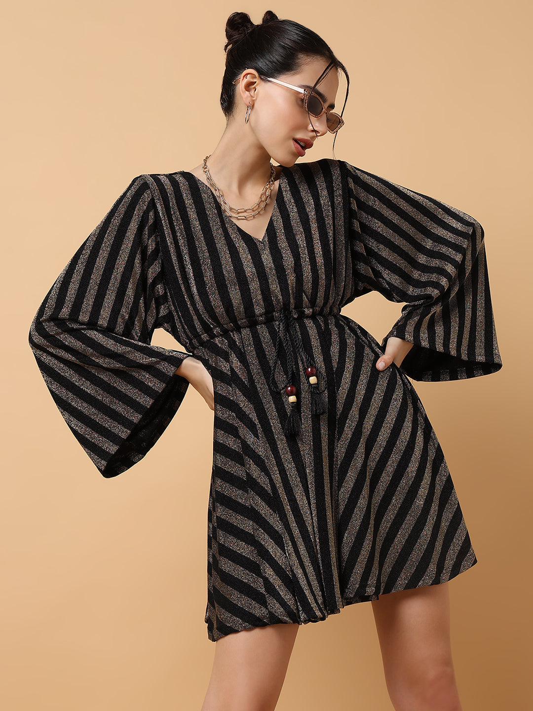 Women's V-Neck Striped Empire Bronze Dress