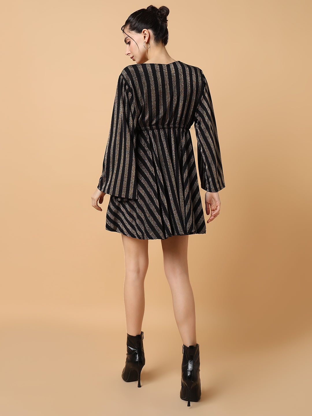 Women's V-Neck Striped Empire Bronze Dress
