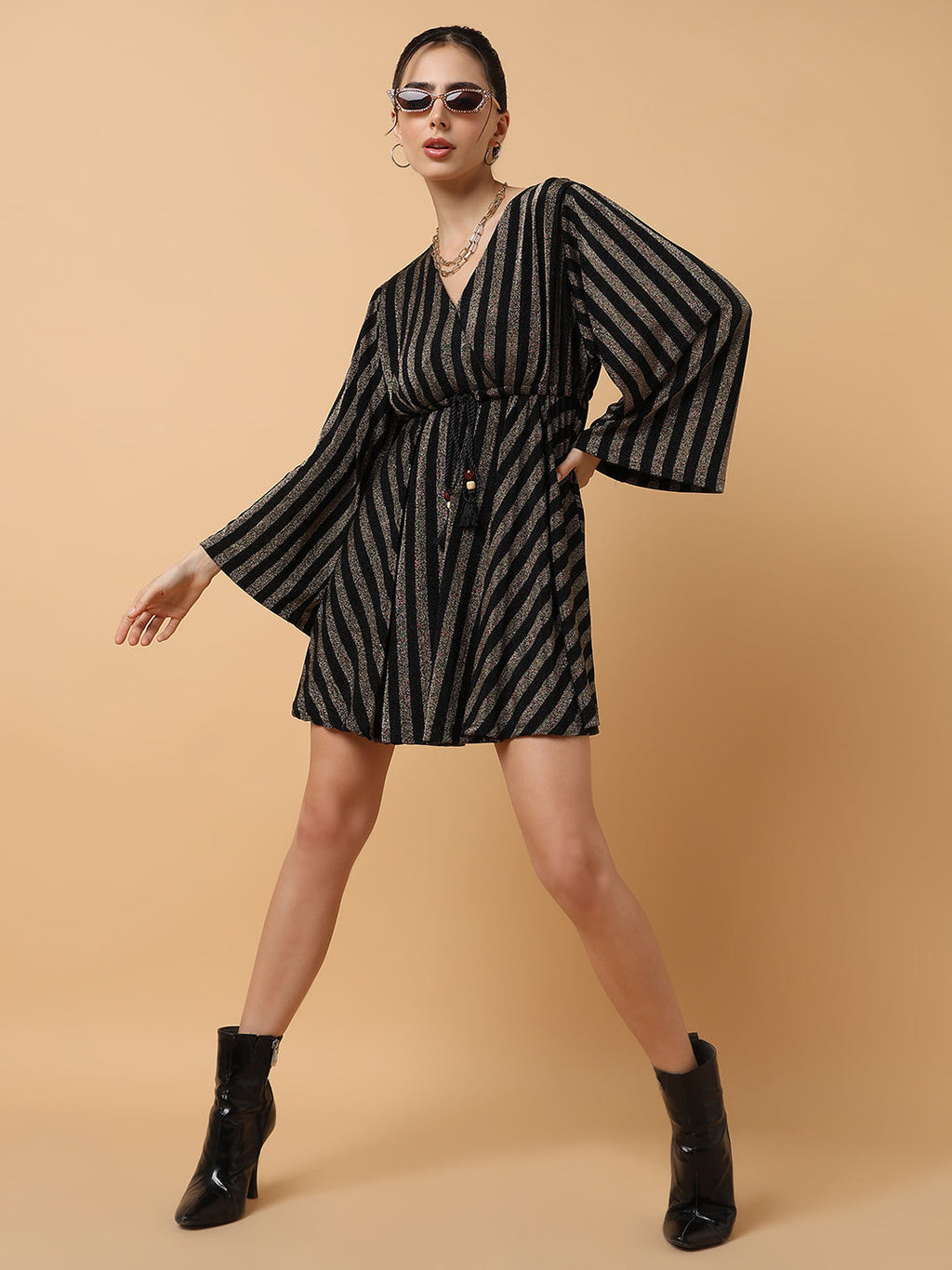 Women's V-Neck Striped Empire Bronze Dress