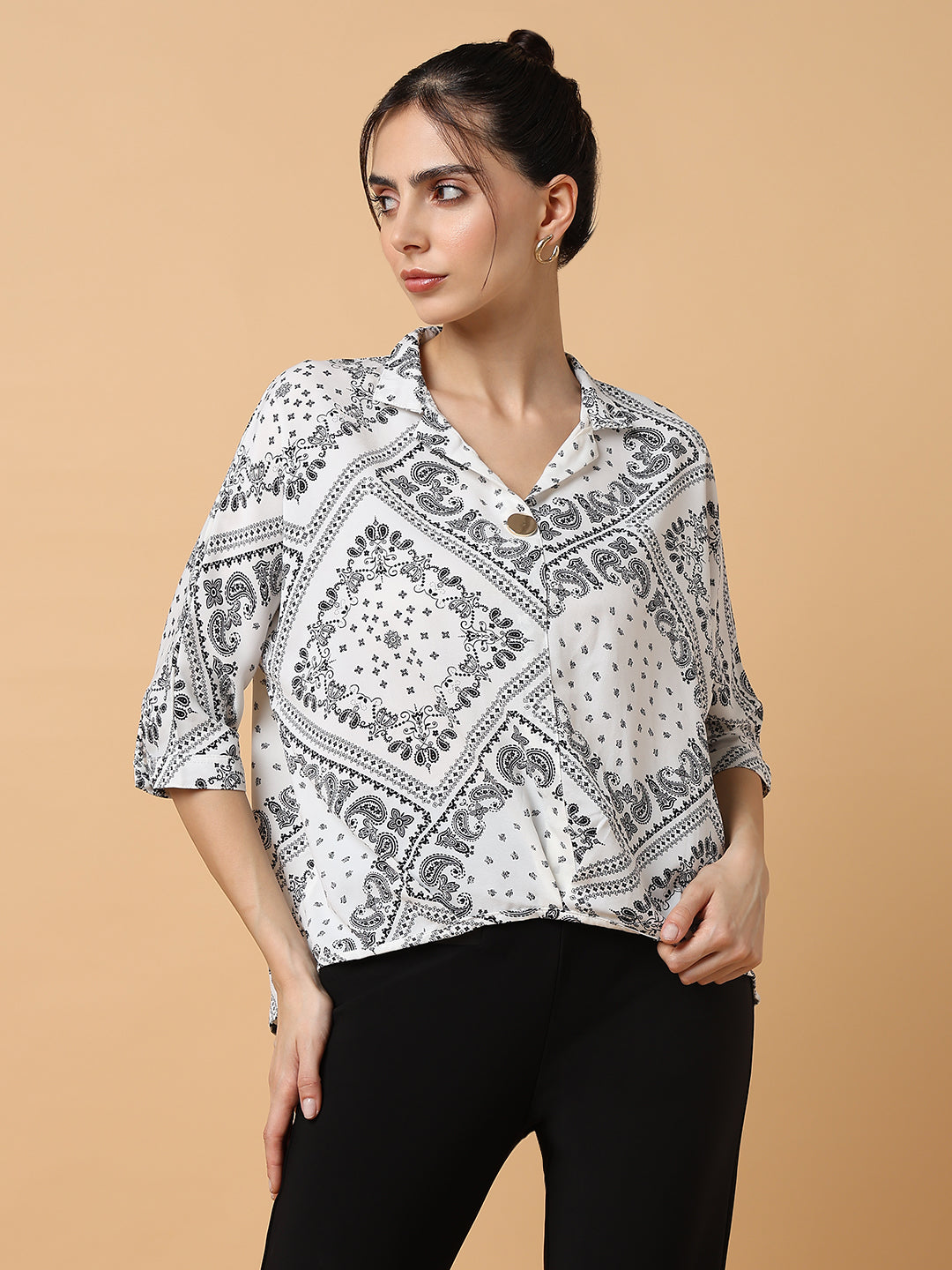 Women's White Print Extended Sleeves Scarf Print Crepe Top