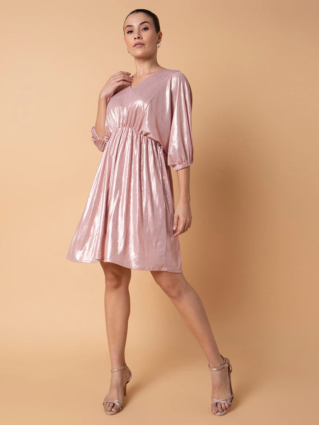 Women's Solid Peach Fit and Flare Dress
