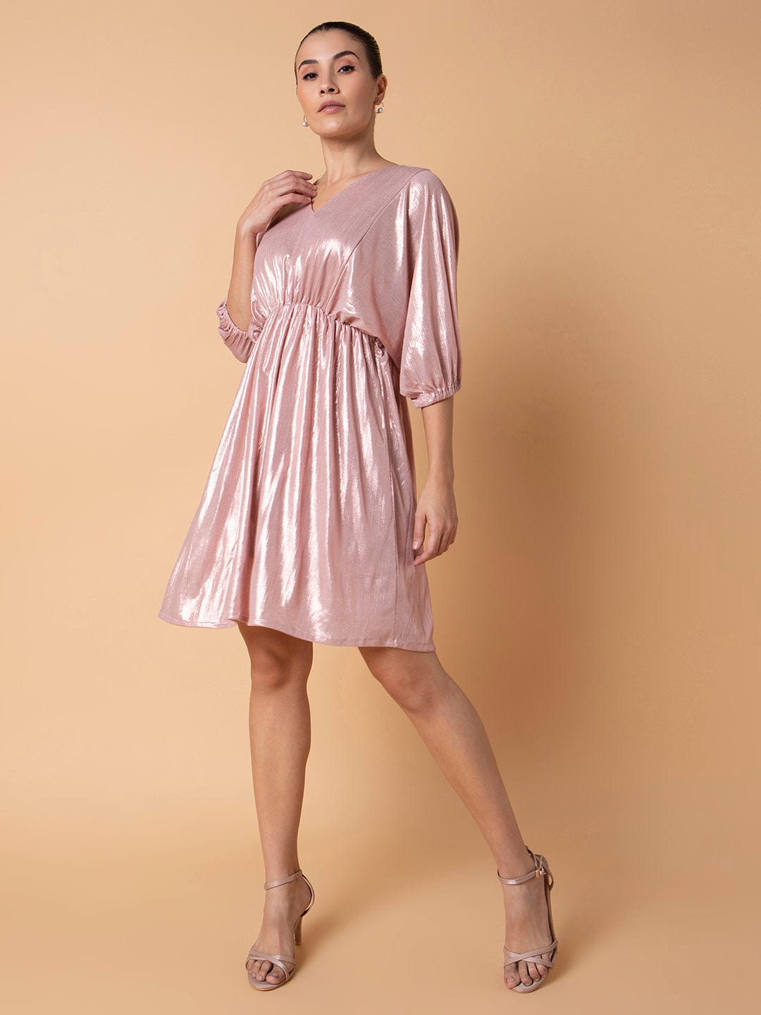 Women's Solid Peach Fit and Flare Dress