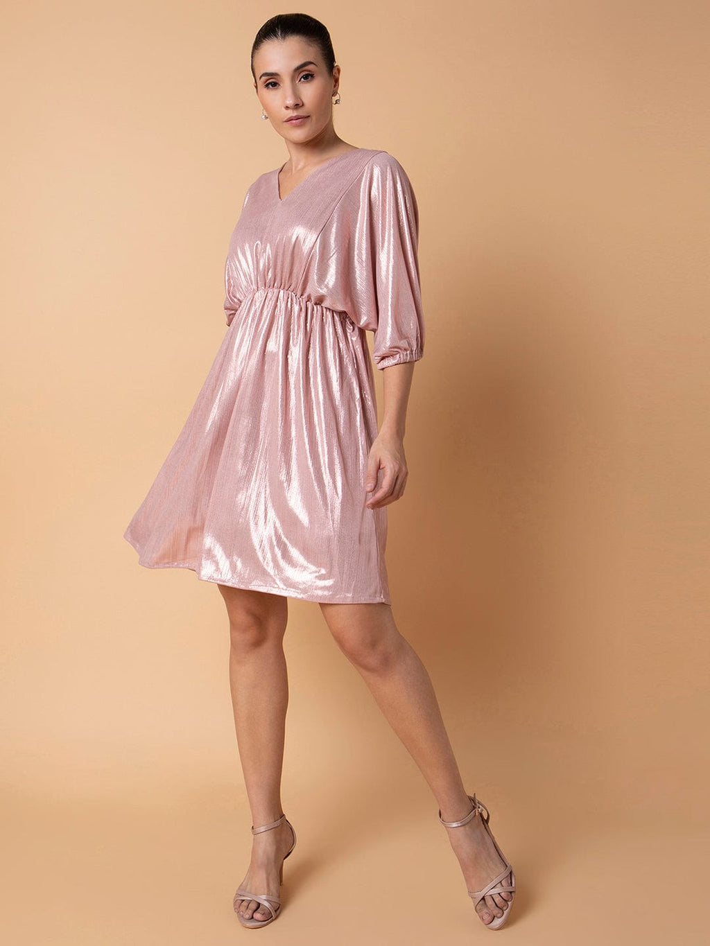 Women's Solid Peach Fit and Flare Dress