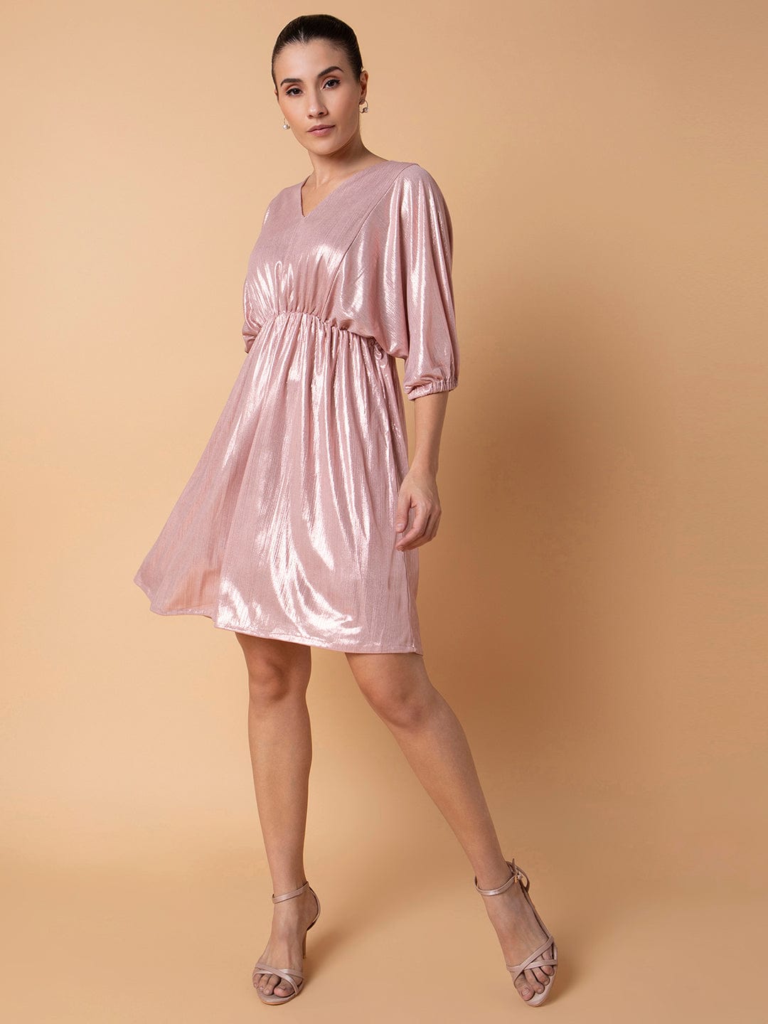 Women's Solid Peach Fit and Flare Dress