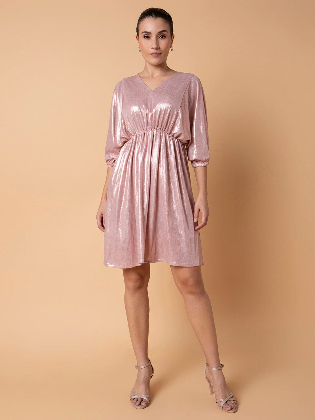 Women's Solid Peach Fit and Flare Dress