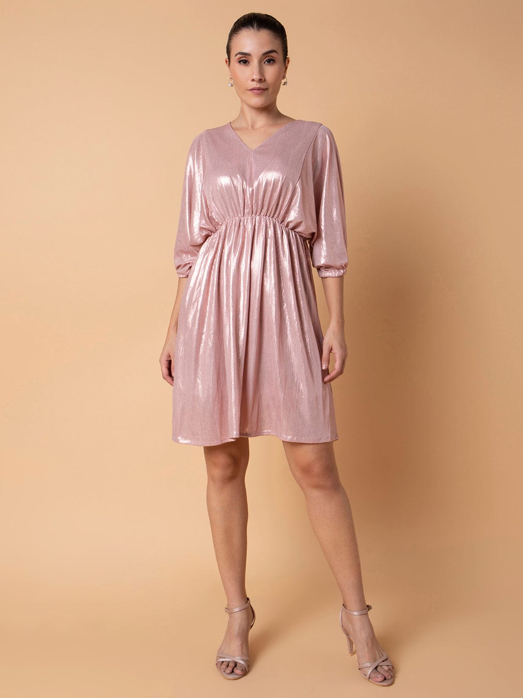 Women's Solid Peach Fit and Flare Dress