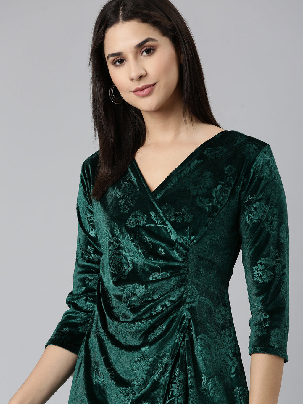 Women's Green Self Design High Low Hem & Gathered Floral Bodycon Dress