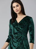 Women's Green Self Design High Low Hem & Gathered Floral Bodycon Dress