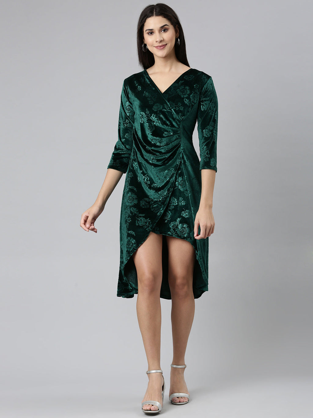 Women's Green Self Design High Low Hem & Gathered Floral Bodycon Dress