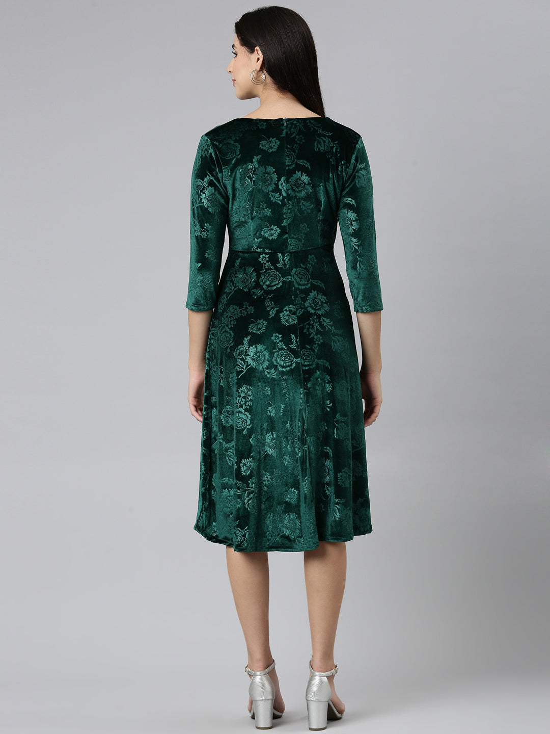 Women's Green Self Design High Low Hem & Gathered Floral Bodycon Dress