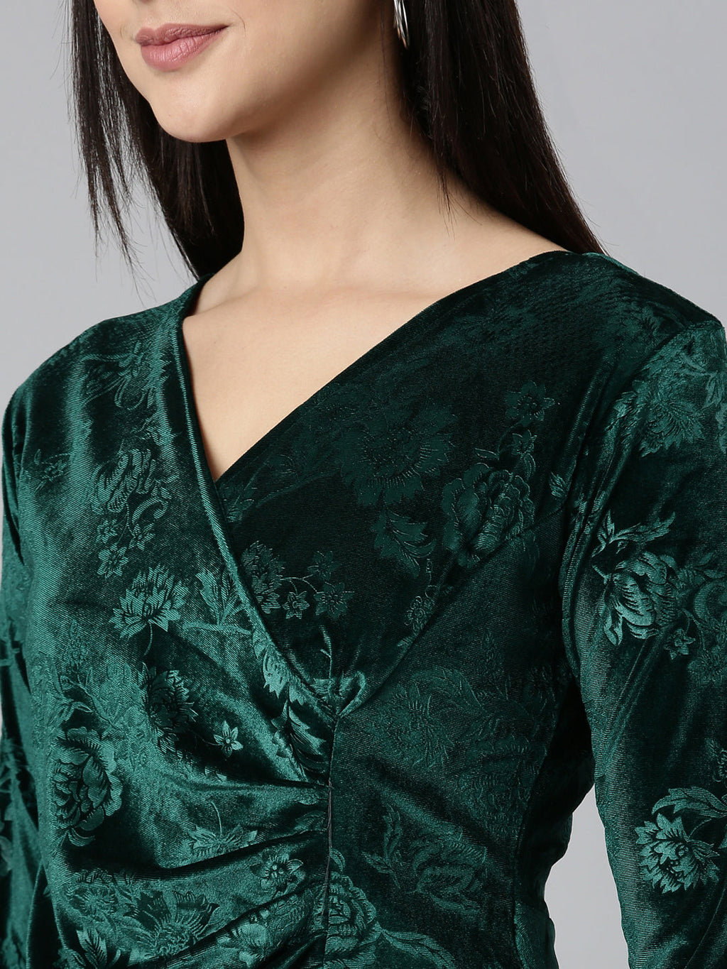 Women's Green Self Design High Low Hem & Gathered Floral Bodycon Dress