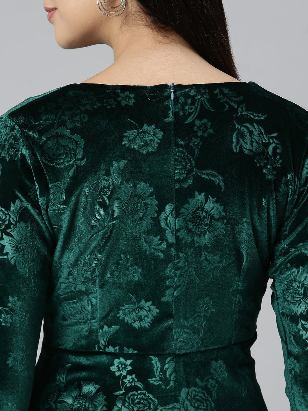 Women's Green Self Design High Low Hem & Gathered Floral Bodycon Dress