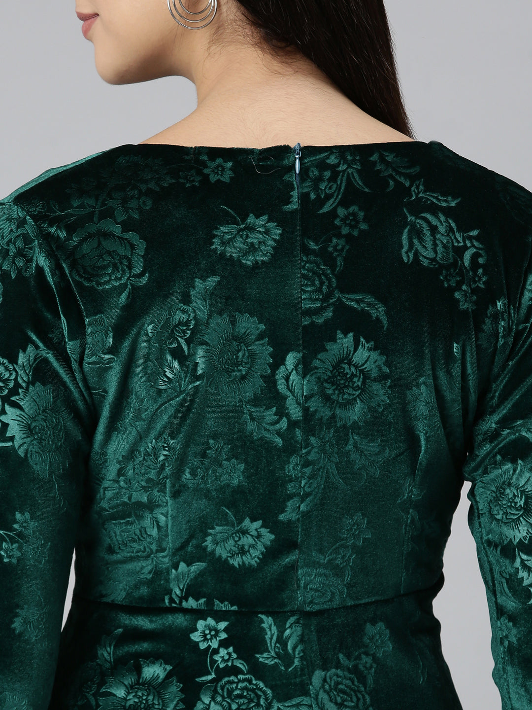 Women's Green Self Design High Low Hem & Gathered Floral Bodycon Dress