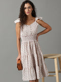 Women's Pink Floral Printed Smocked Tiered Fit & Flare Dress