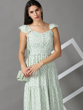 Women's Green Floral Printed Fit & Flare Dress