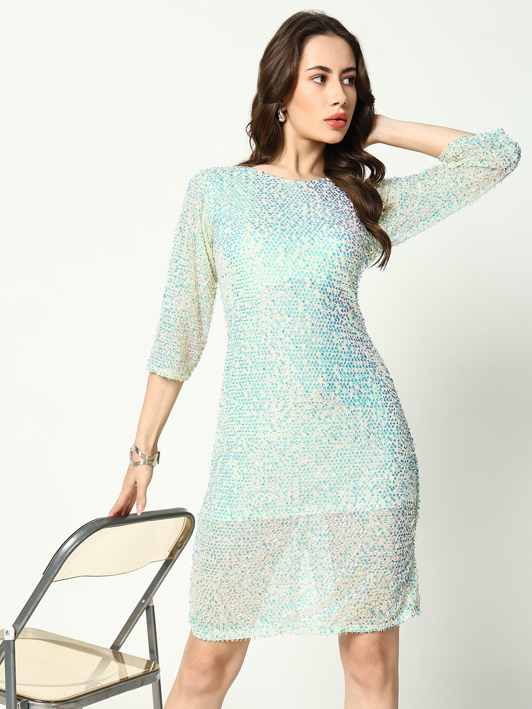 Women's Sea Green Embellished Sequinned Net Sheath Dress