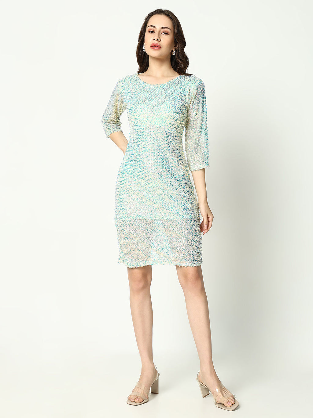 Women's Sea Green Embellished Sequinned Net Sheath Dress