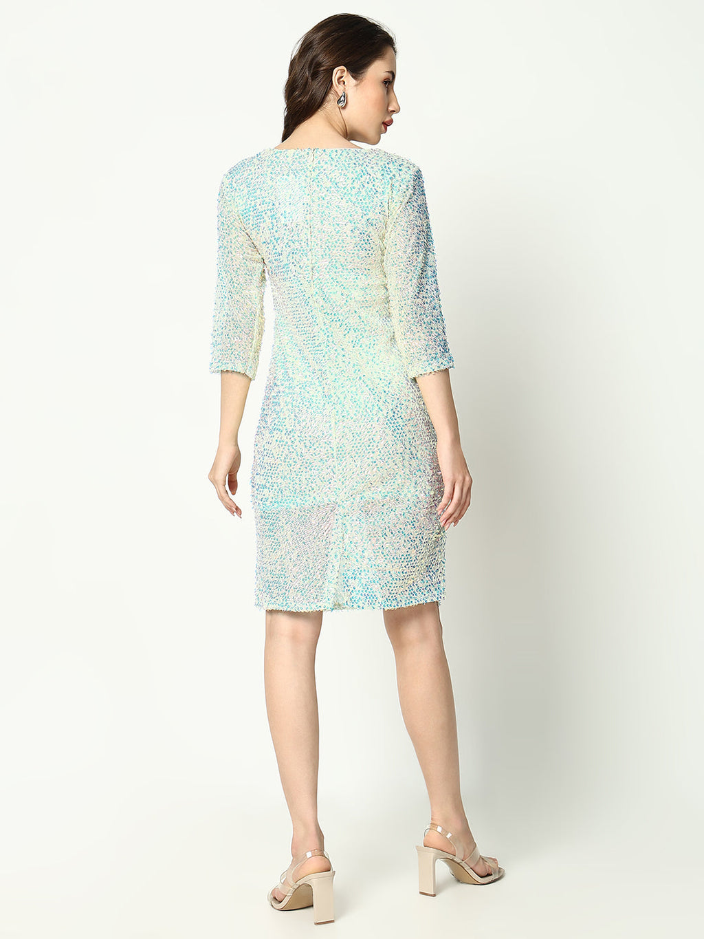 Women's Sea Green Embellished Sequinned Net Sheath Dress