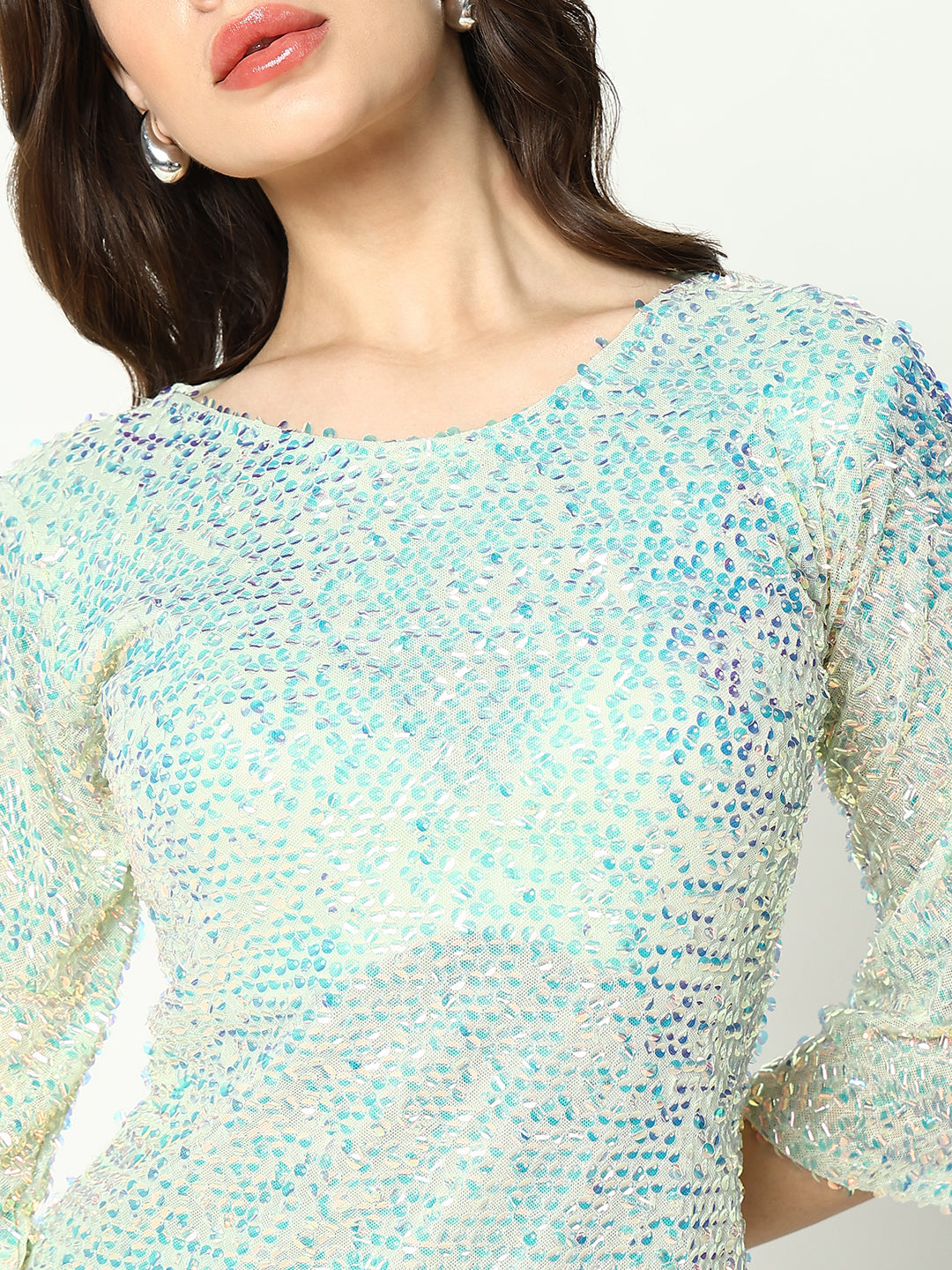 Women's Sea Green Embellished Sequinned Net Sheath Dress
