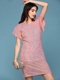 Women's Peach Embellished Flared Sleeves Sequinned A-Line Mini Dress