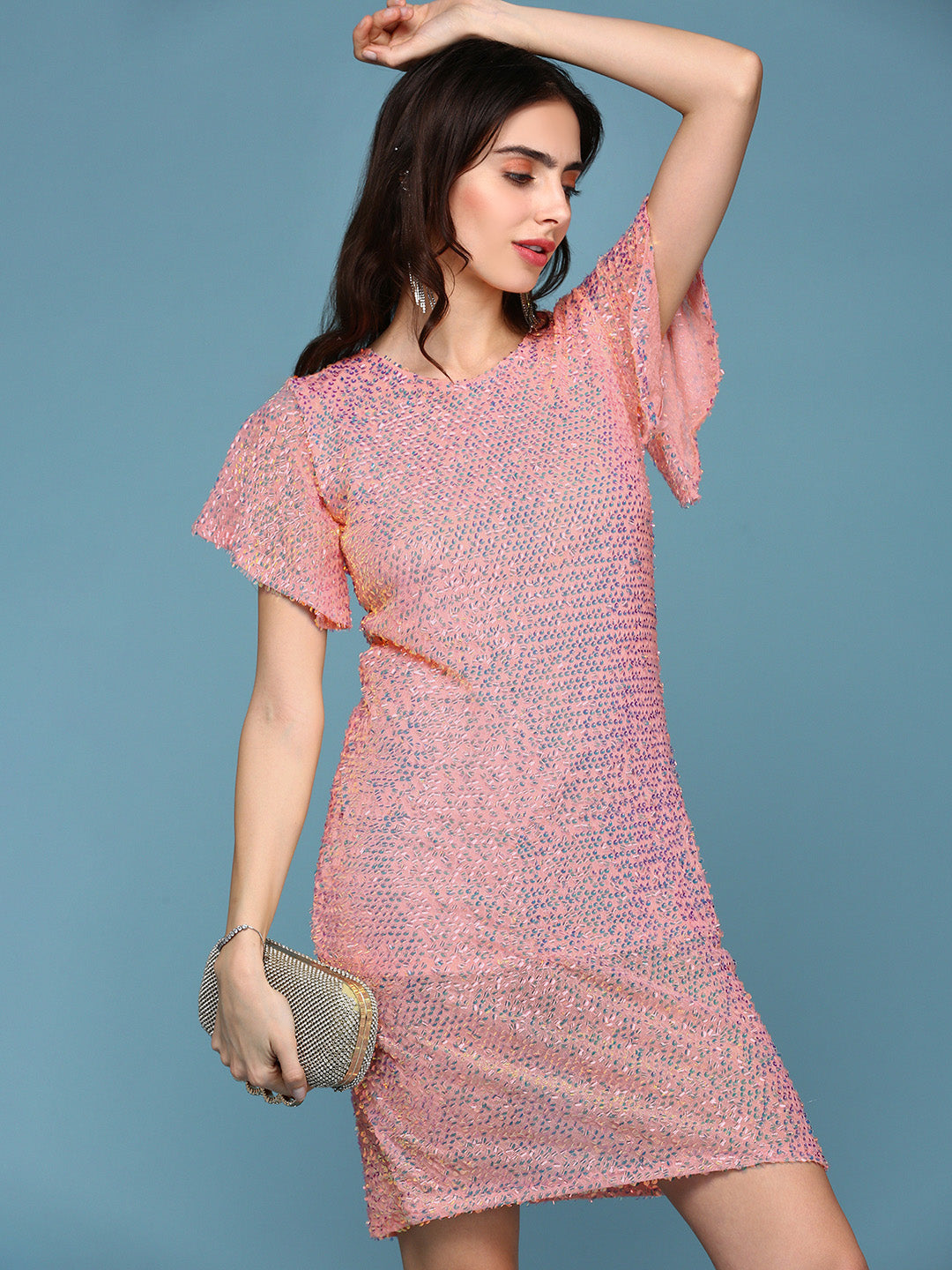 Women's Peach Embellished Flared Sleeves Sequinned A-Line Mini Dress