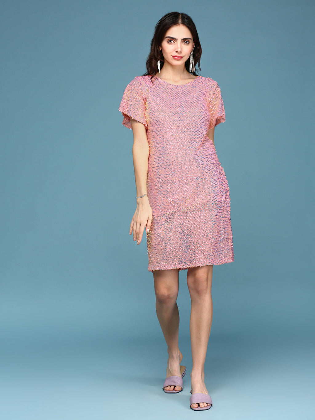 Women's Peach Embellished Flared Sleeves Sequinned A-Line Mini Dress