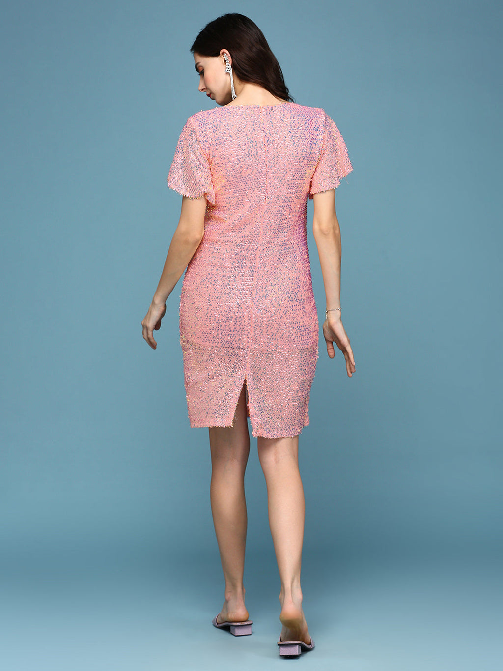 Women's Peach Embellished Flared Sleeves Sequinned A-Line Mini Dress