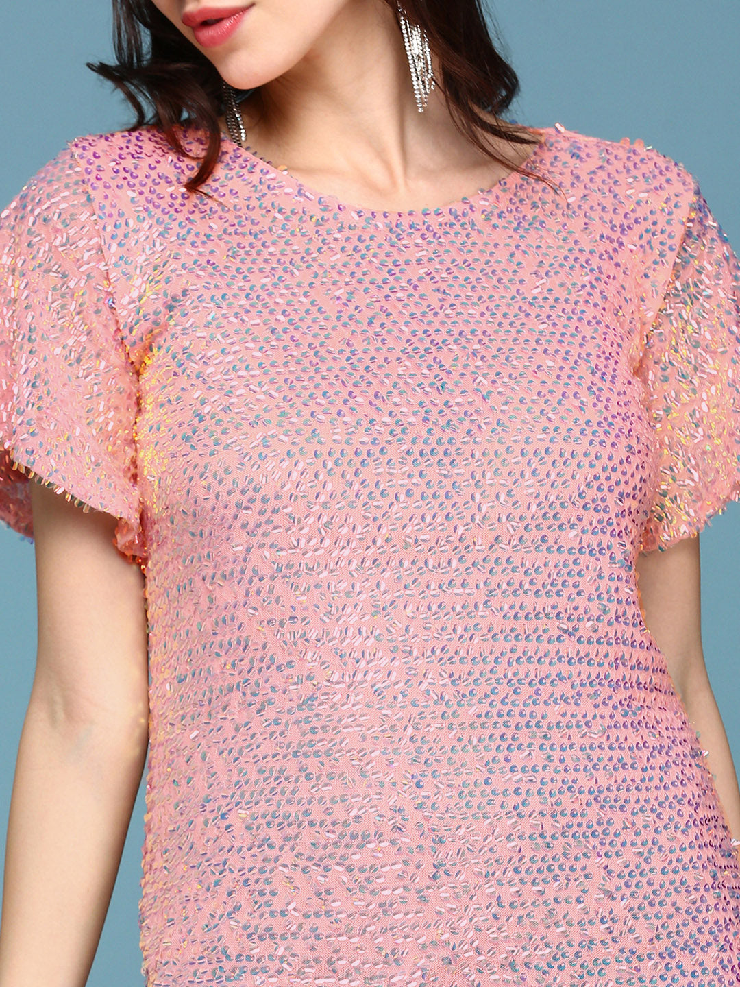 Women's Peach Embellished Flared Sleeves Sequinned A-Line Mini Dress