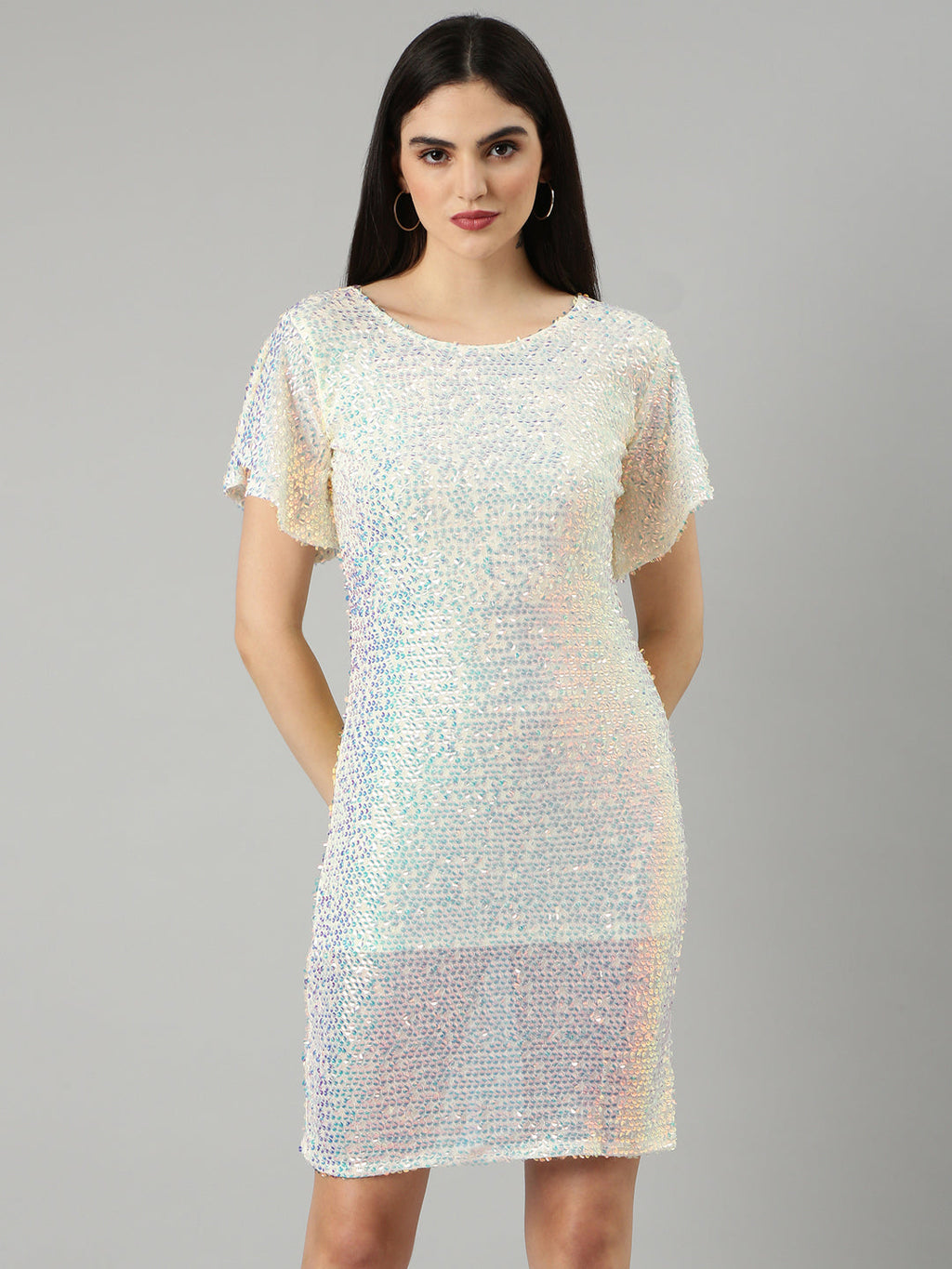 Women's Yellow Sequin Embellished Flutter Sleeves Bodycon Dress