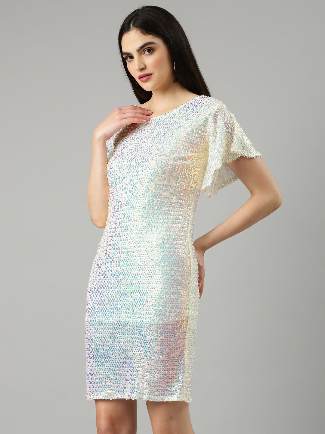 Women's Yellow Sequin Embellished Flutter Sleeves Bodycon Dress