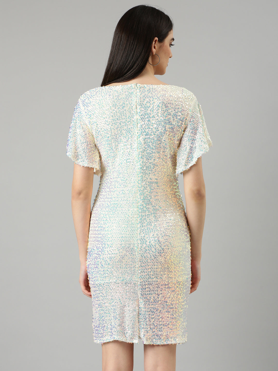 Women's Yellow Sequin Embellished Flutter Sleeves Bodycon Dress