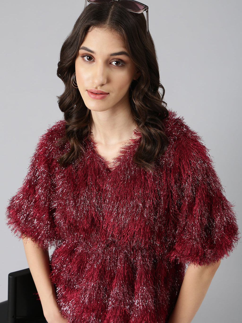 Women's Maroon Embellished V-Neck Faux Fur Trim Empire Top