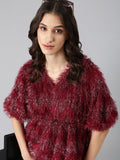 Women's Maroon Embellished V-Neck Faux Fur Trim Empire Top