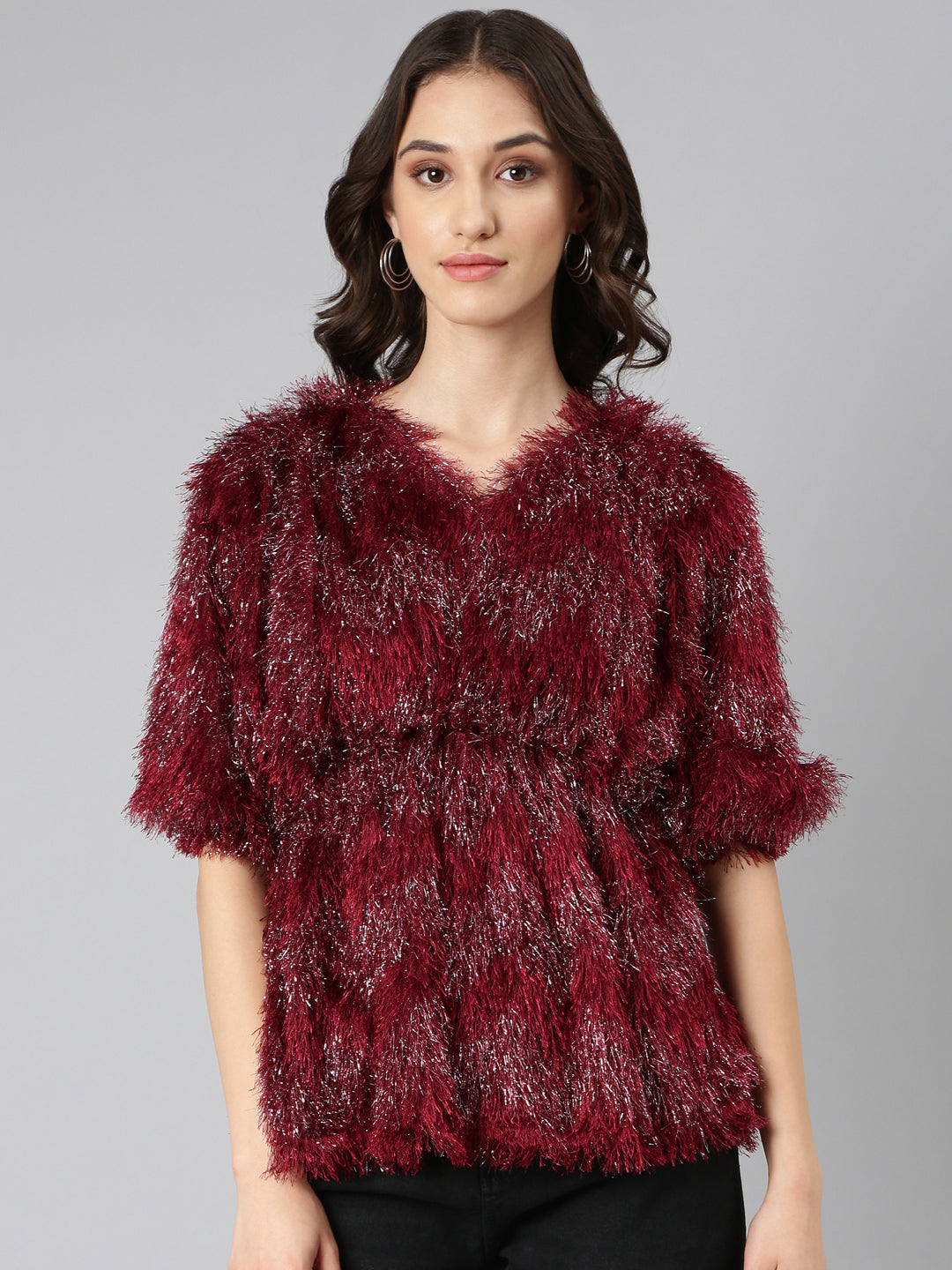 Women's Maroon Embellished V-Neck Faux Fur Trim Empire Top