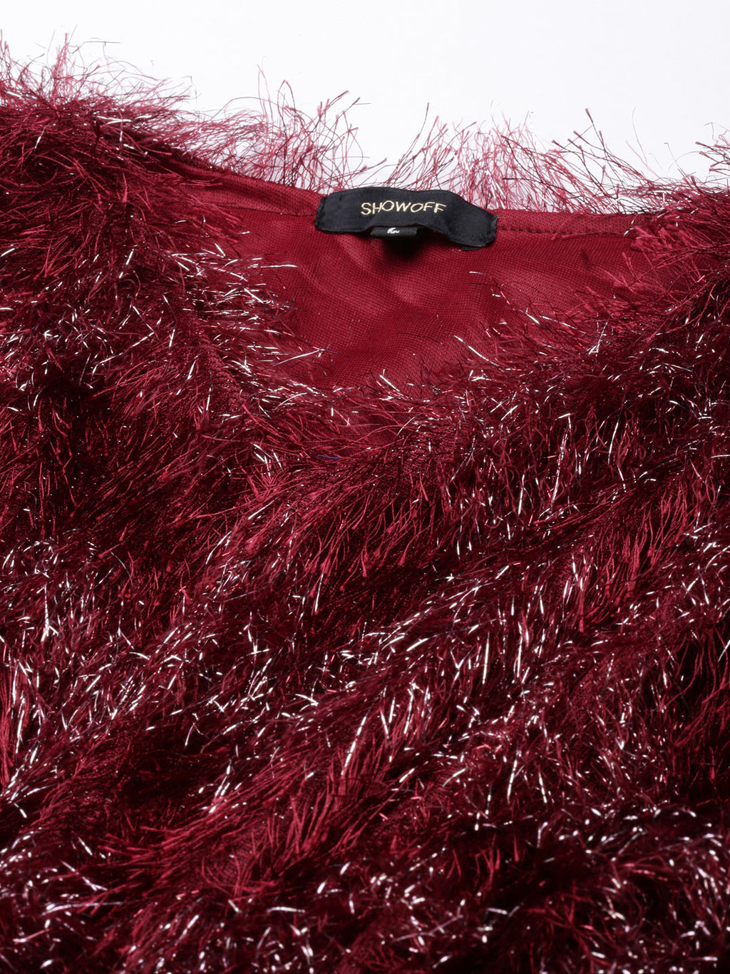 Women's Maroon Embellished V-Neck Faux Fur Trim Empire Top