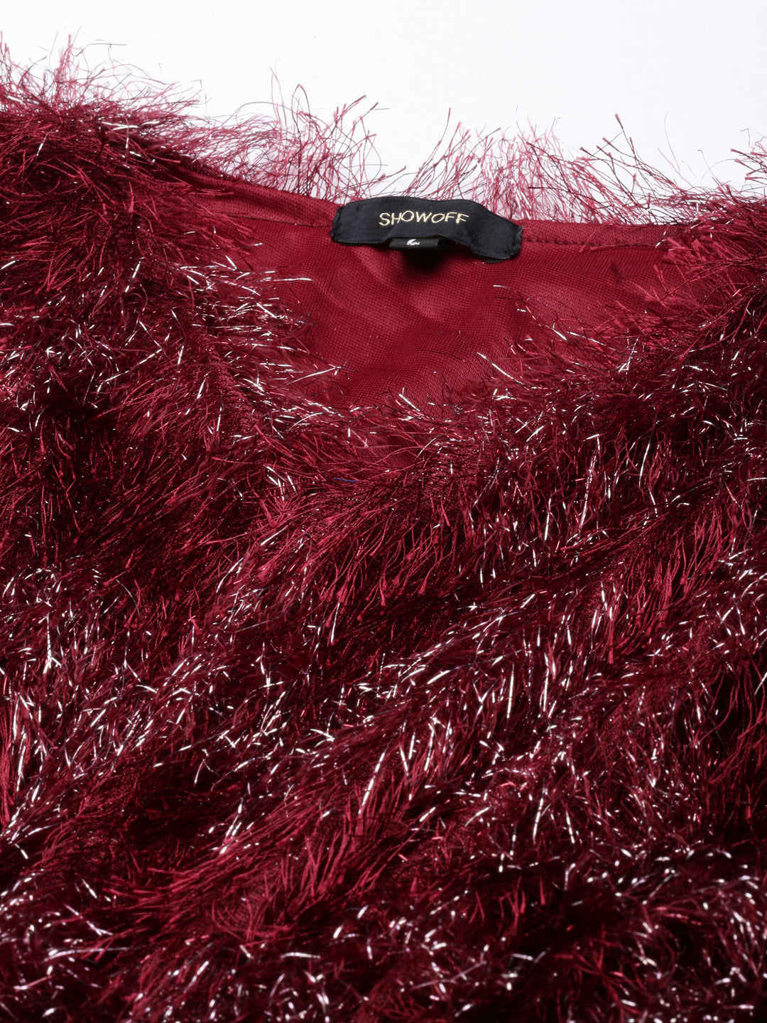 Women's Maroon Embellished V-Neck Faux Fur Trim Empire Top