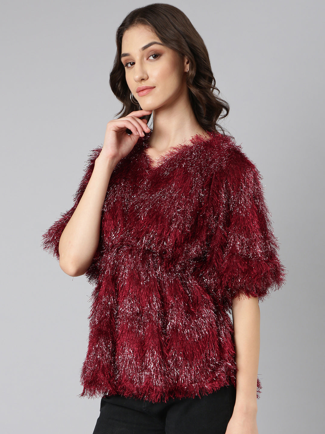 Women's Maroon Embellished V-Neck Faux Fur Trim Empire Top