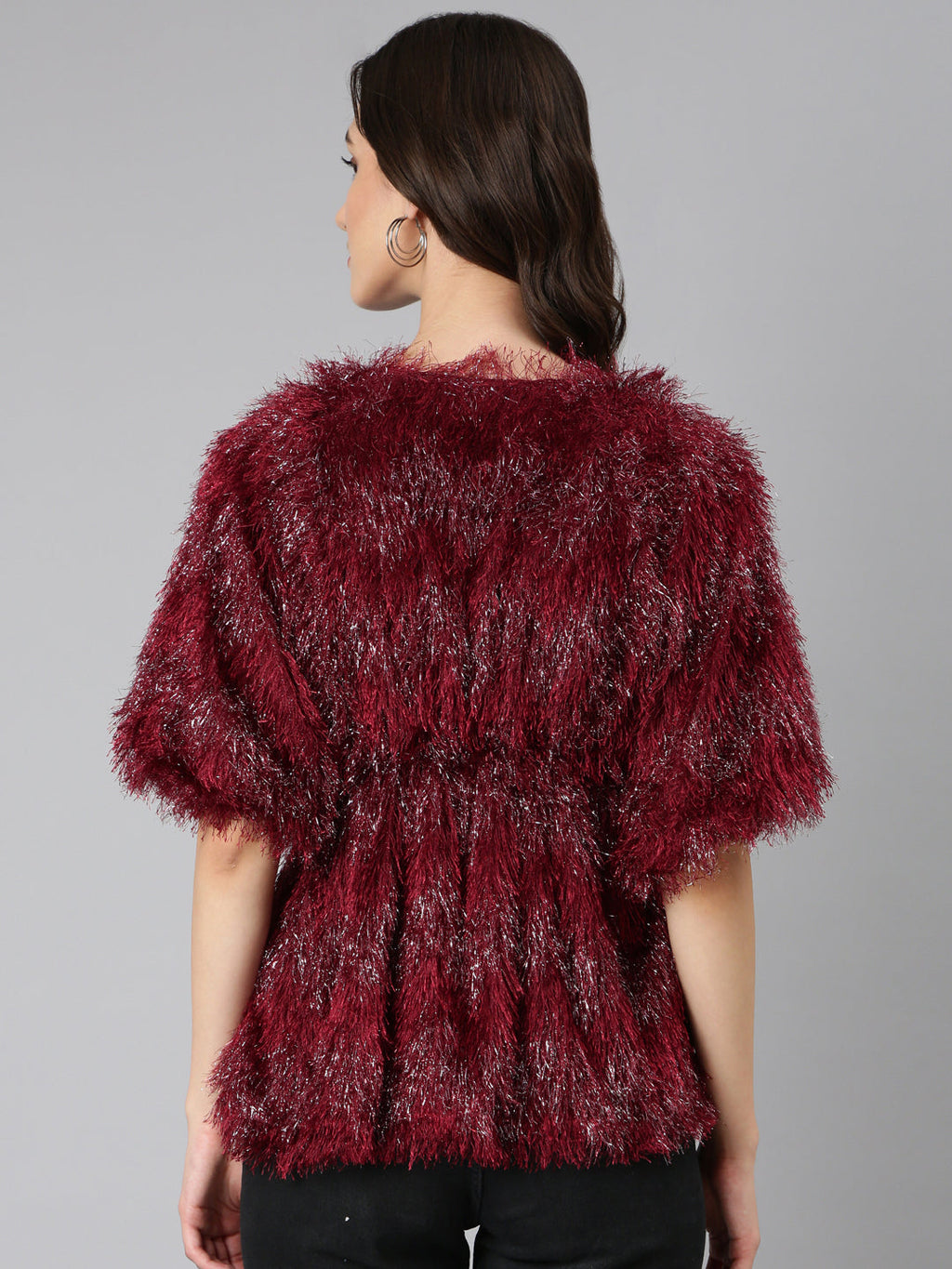 Women's Maroon Embellished V-Neck Faux Fur Trim Empire Top