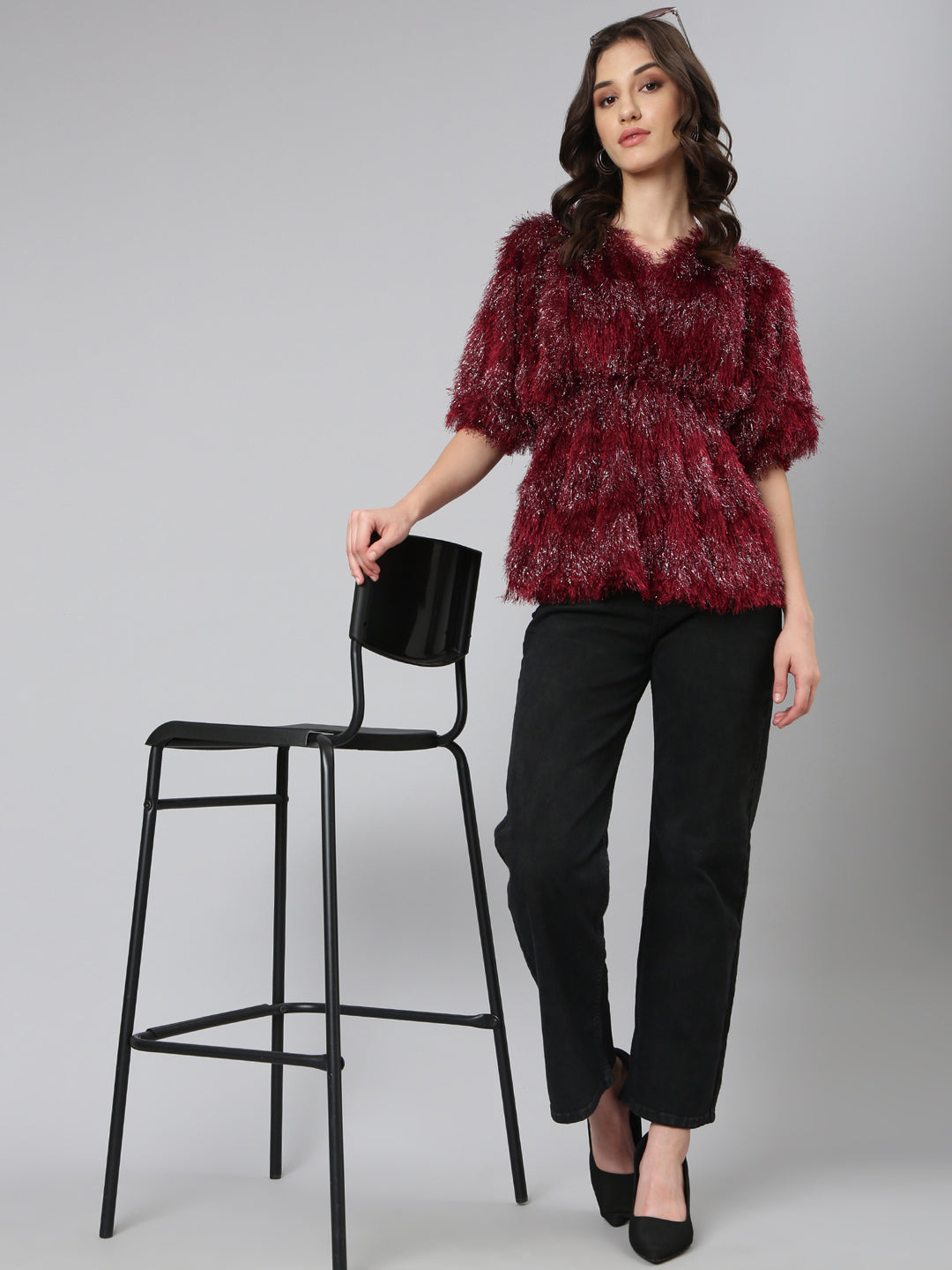 Women's Maroon Embellished V-Neck Faux Fur Trim Empire Top