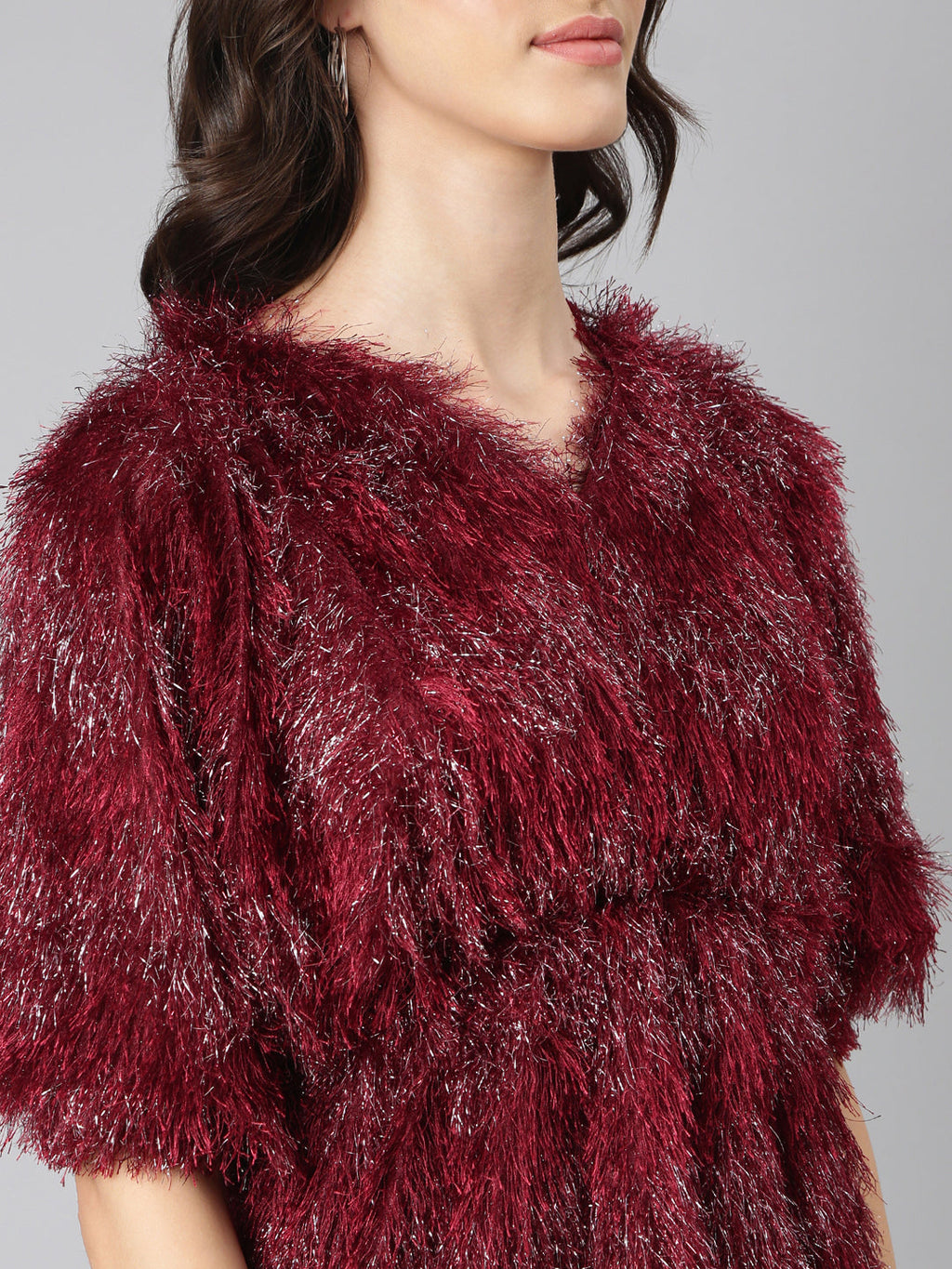 Women's Maroon Embellished V-Neck Faux Fur Trim Empire Top