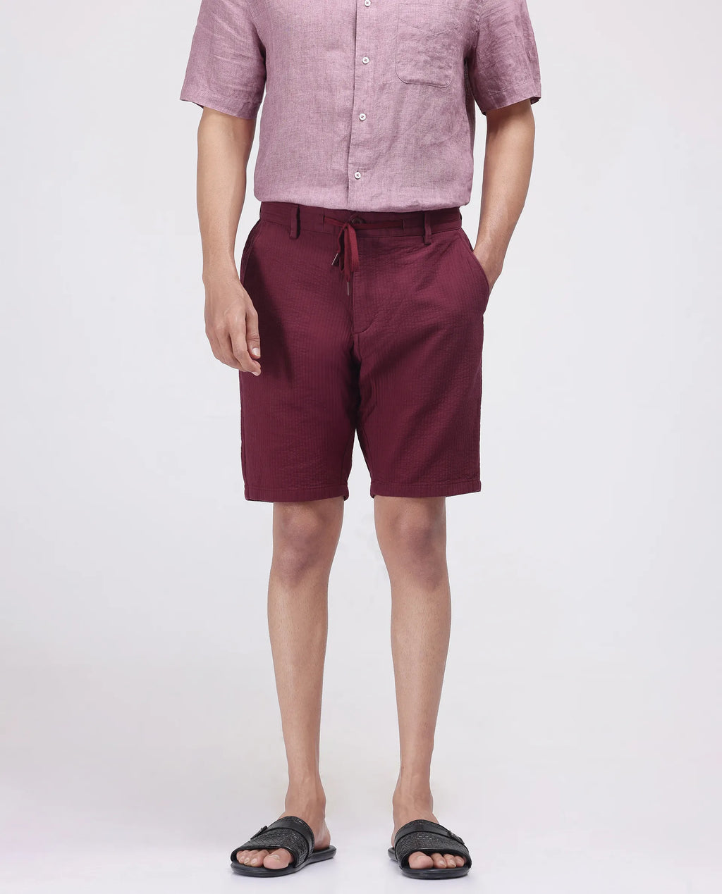 Rare Rabbit Men's Steo Maroon Cotton Blend Plain Relaxed Fit Shorts