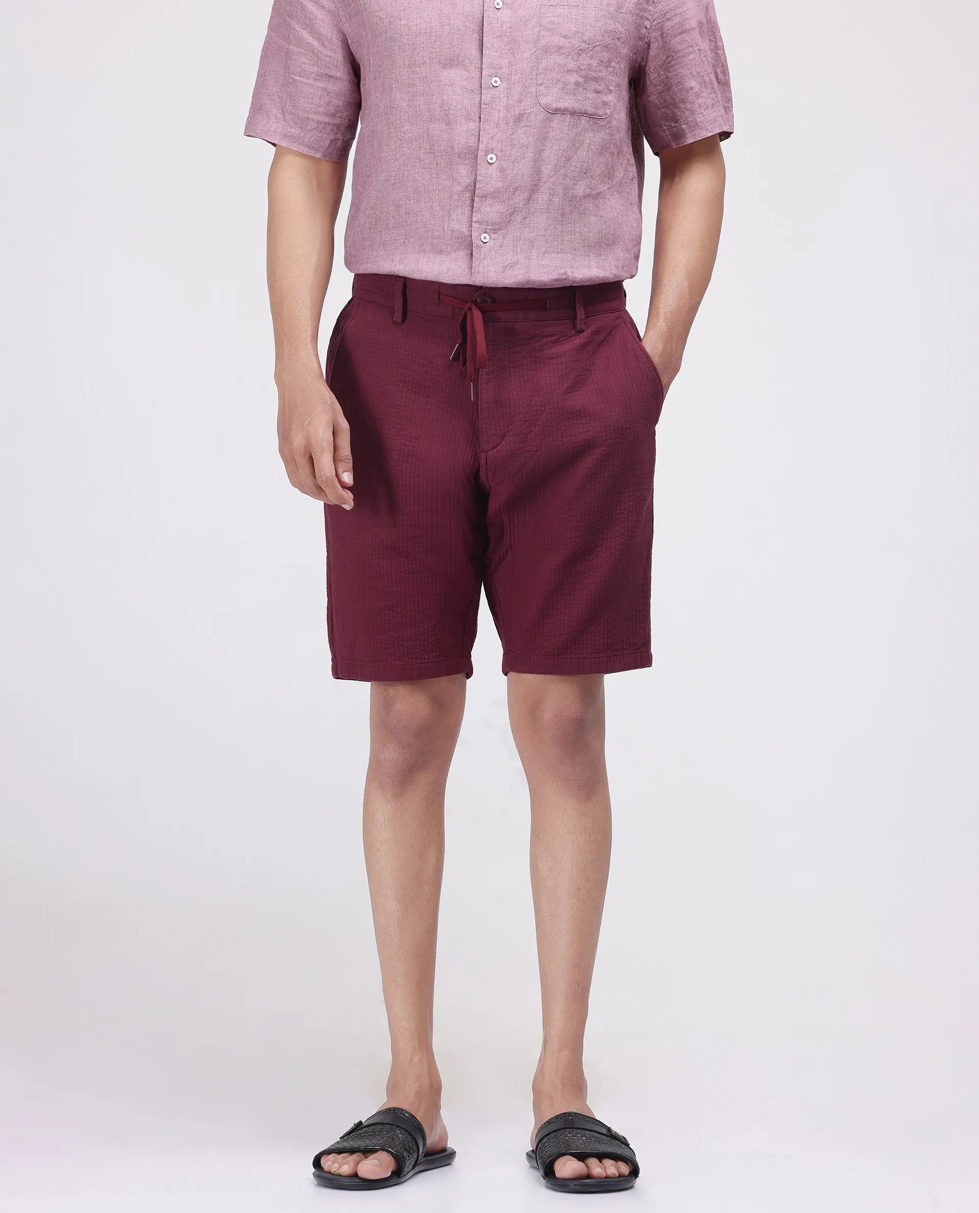 Rare Rabbit Men's Steo Maroon Cotton Blend Plain Relaxed Fit Shorts