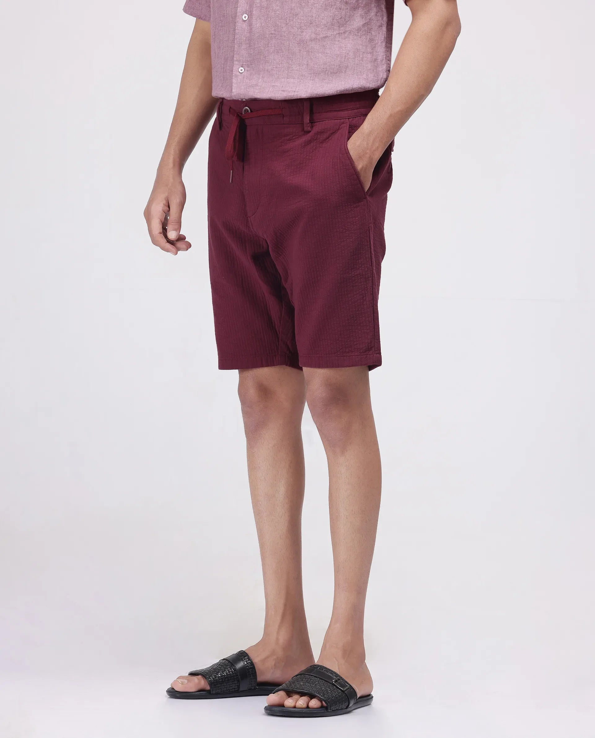 Rare Rabbit Men's Steo Maroon Cotton Blend Plain Relaxed Fit Shorts