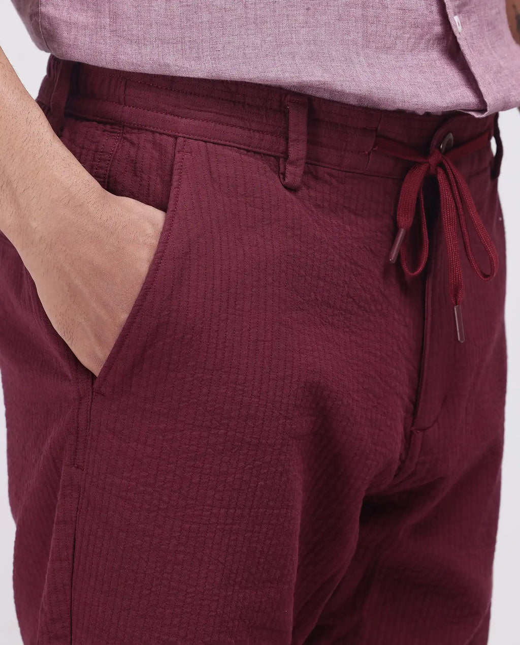 Rare Rabbit Men's Steo Maroon Cotton Blend Plain Relaxed Fit Shorts