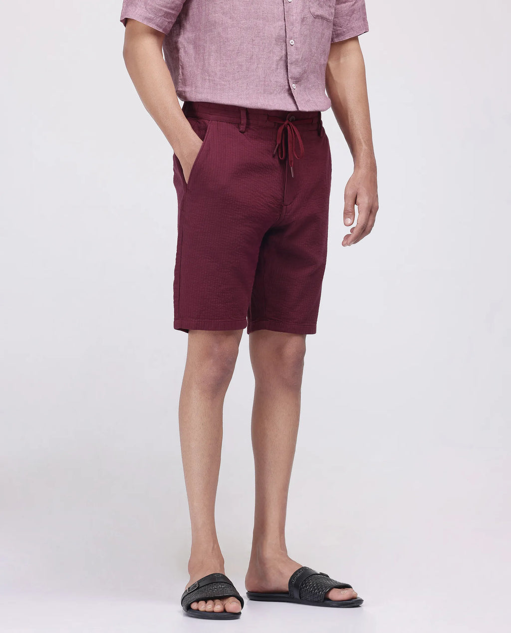 Rare Rabbit Men's Steo Maroon Cotton Blend Plain Relaxed Fit Shorts