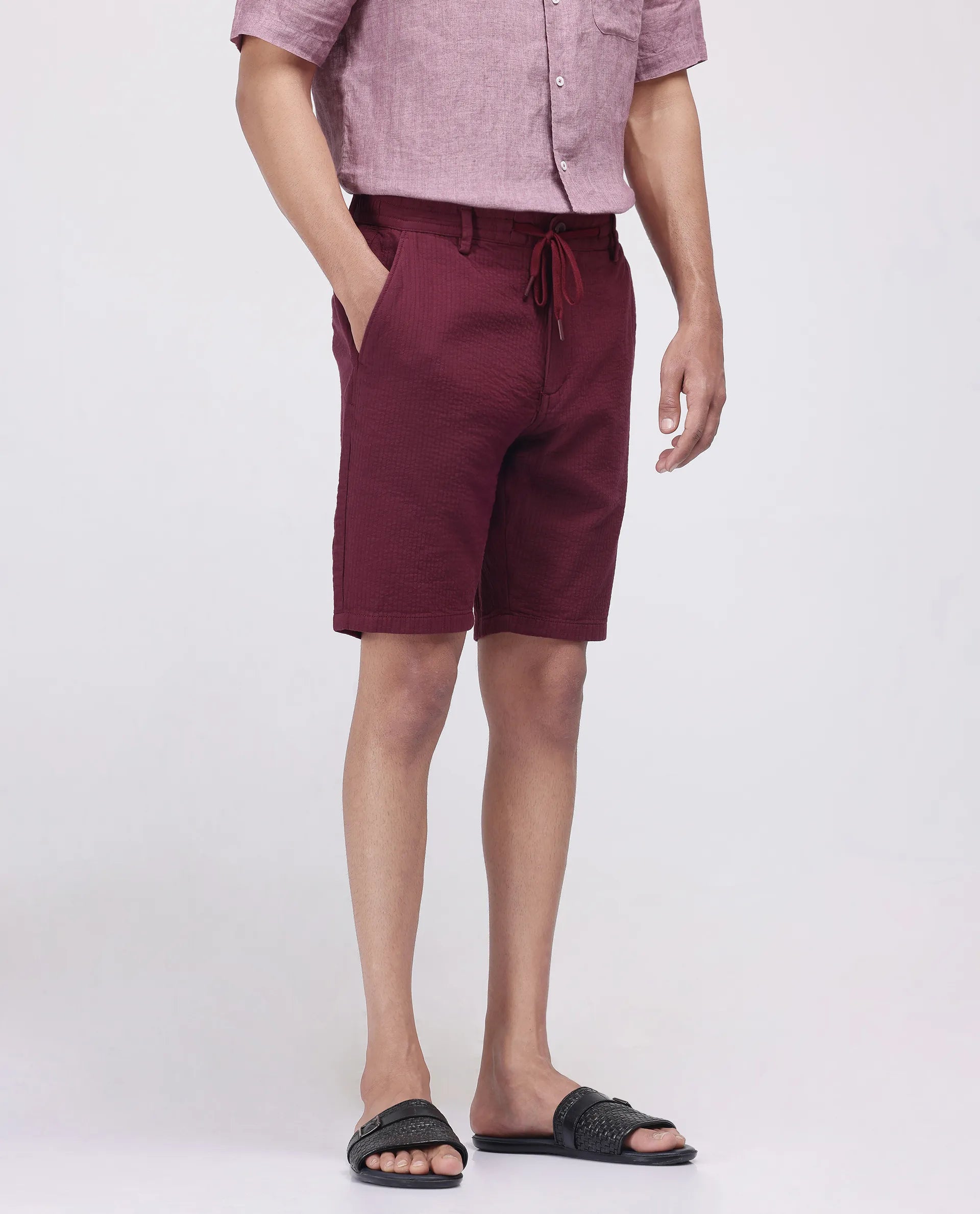 Rare Rabbit Men's Steo Maroon Cotton Blend Plain Relaxed Fit Shorts