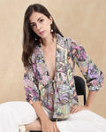 Rareism Women's Stevie-T Light Multi Polyester Lapel Neck Abstract Print Cuffed Sleeve Regular Fit Top