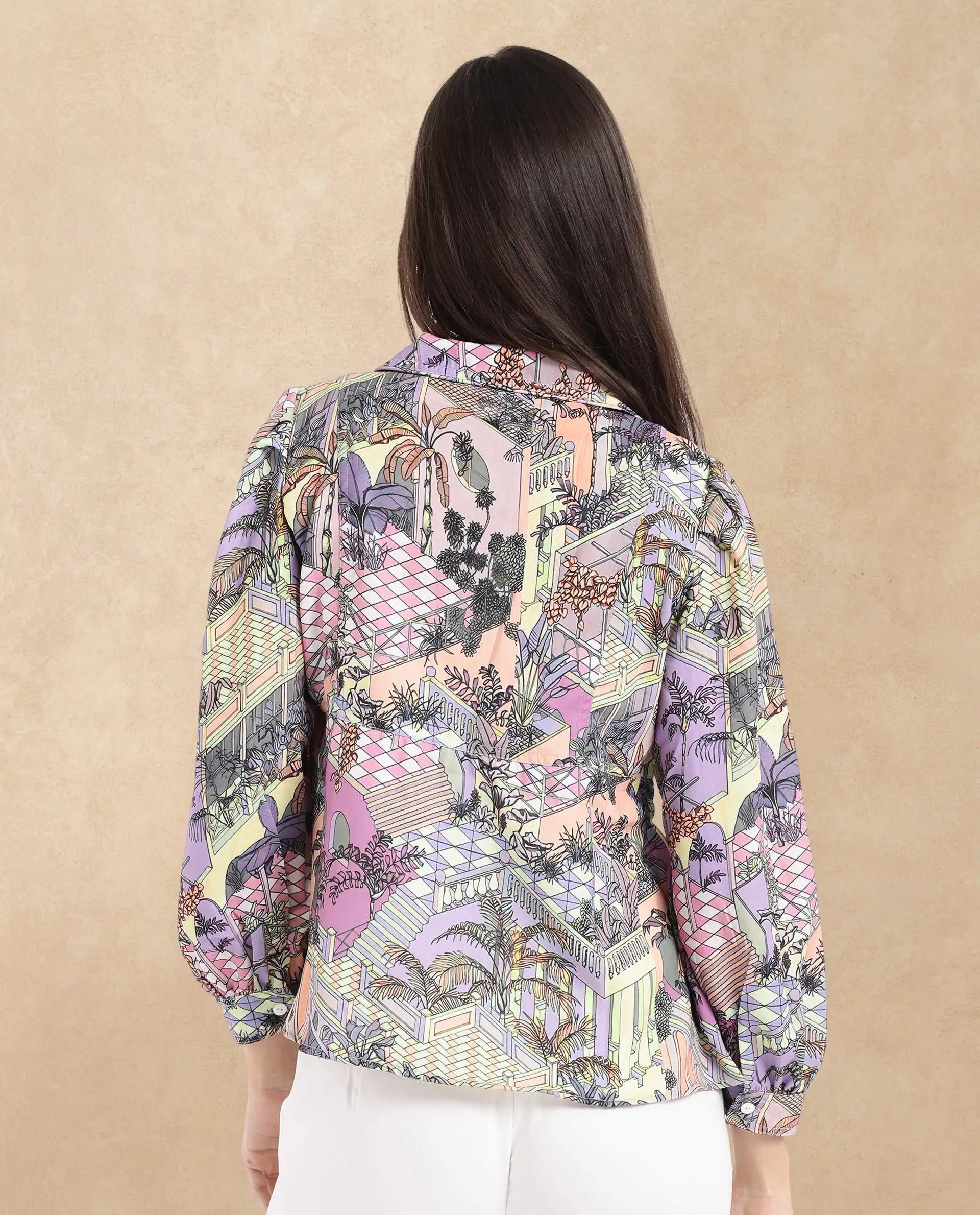 Rareism Women's Stevie-T Light Multi Polyester Lapel Neck Abstract Print Cuffed Sleeve Regular Fit Top