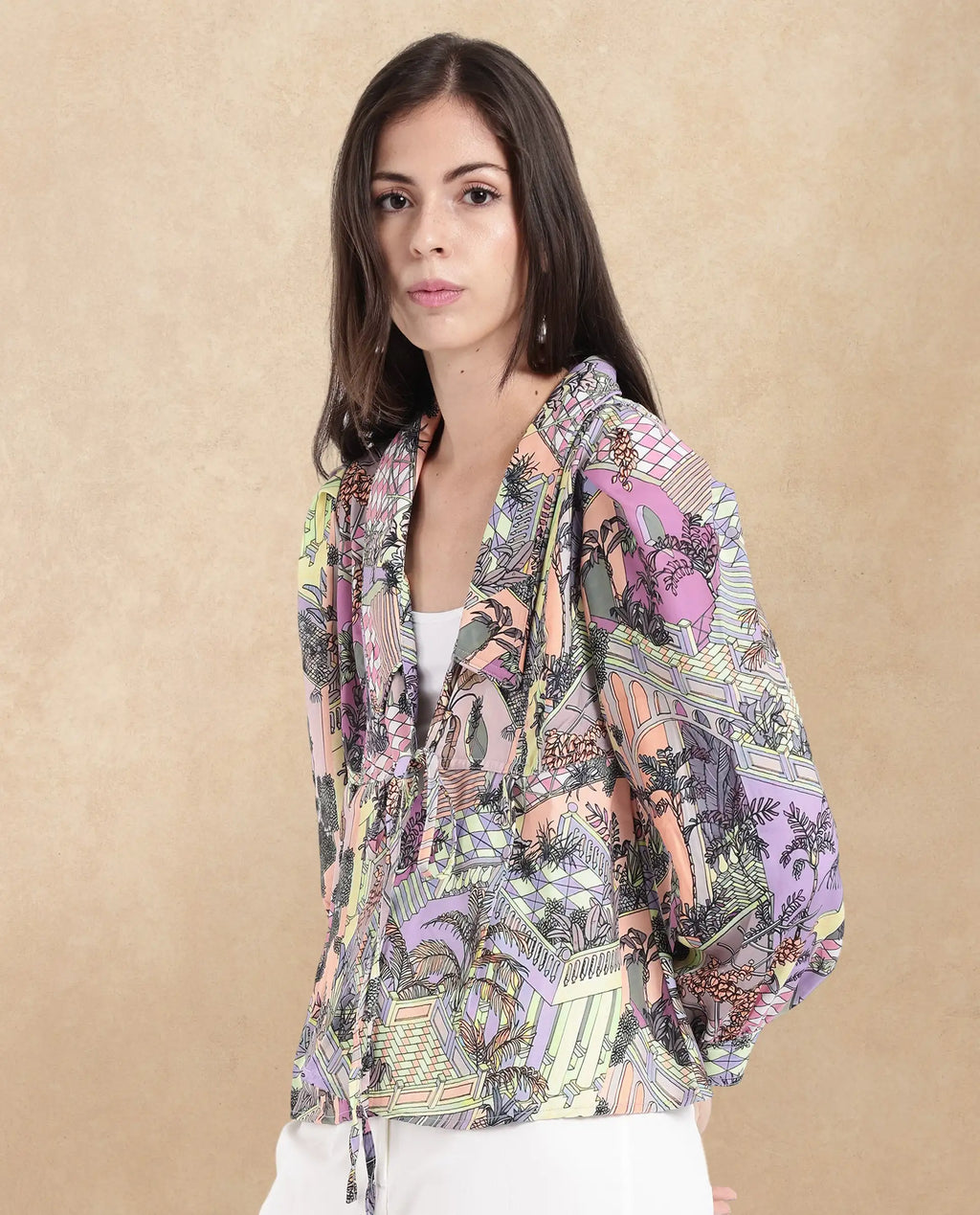 Rareism Women's Stevie-T Light Multi Polyester Lapel Neck Abstract Print Cuffed Sleeve Regular Fit Top