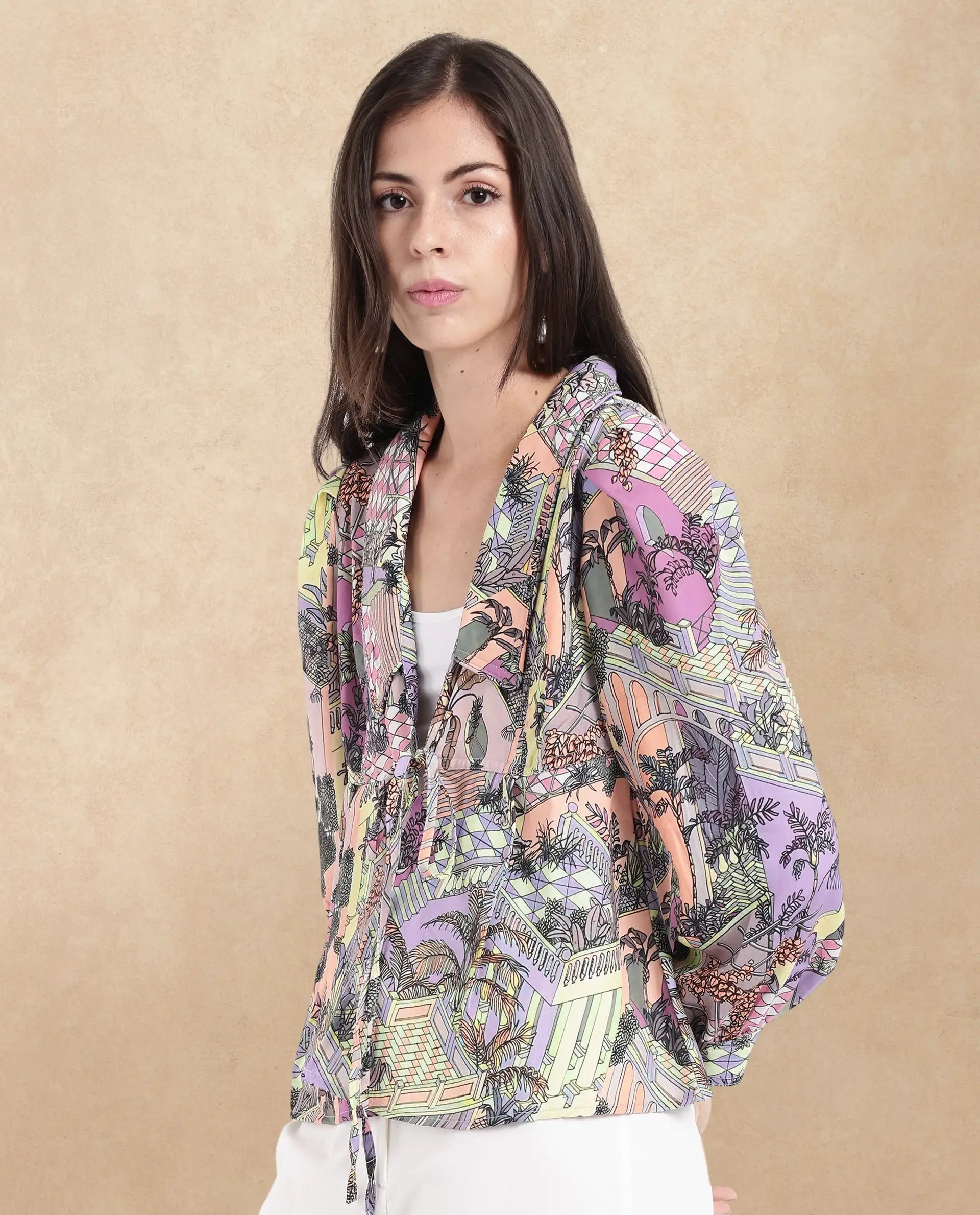 Rareism Women's Stevie-T Light Multi Polyester Lapel Neck Abstract Print Cuffed Sleeve Regular Fit Top